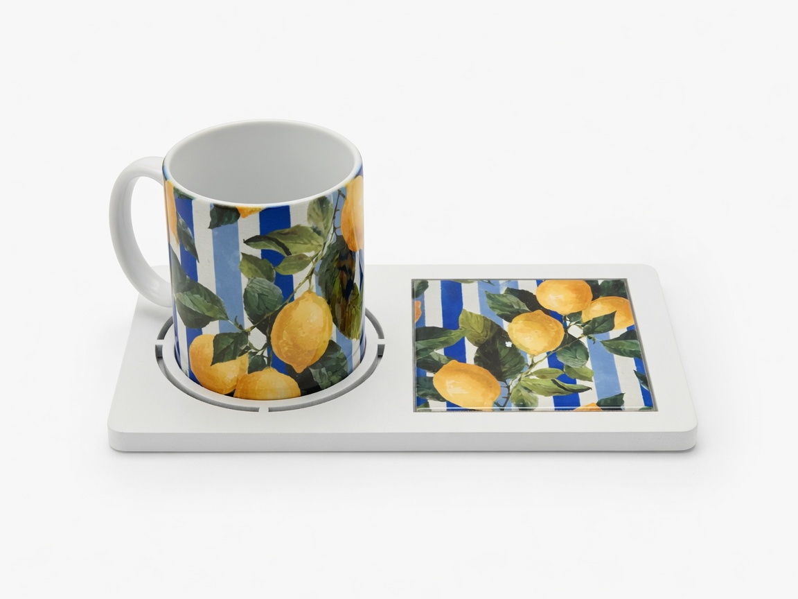 f1IUX Mug and Coaster Set / Amalfi Lemon Stripes - Image 1