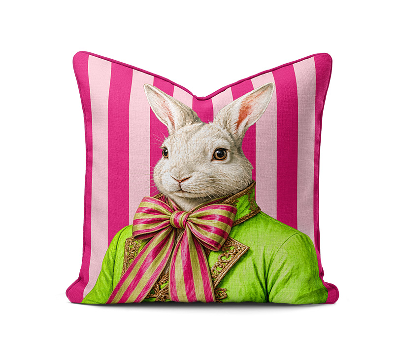 online PINK rabbit stripes A Scatter Cushion – Haas Pink Stripe Green Ribbon - Image 1